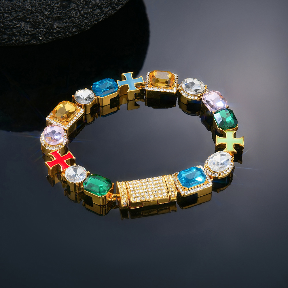 10mm Multicolored Diamonds Enamel Cross Bracelet in Gold