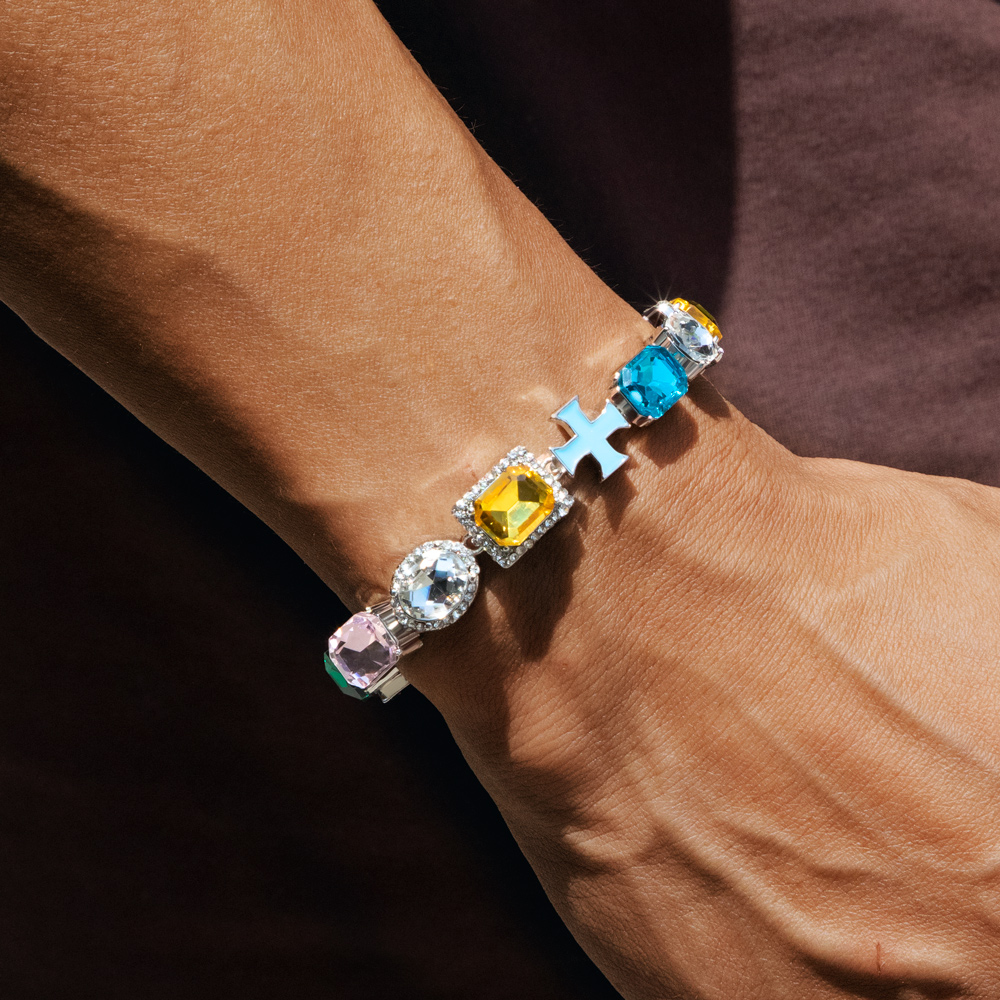 10mm Multicolored Diamonds Enamel Cross Bracelet in White Gold