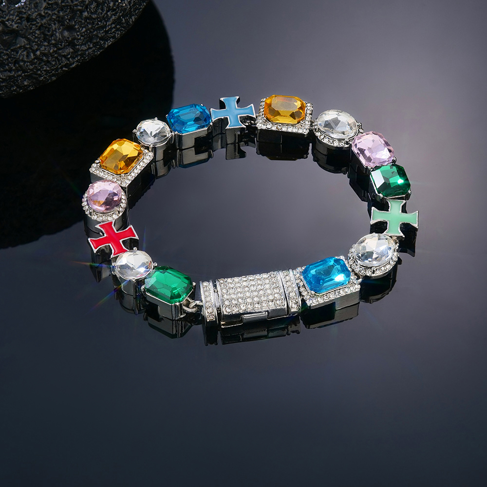 10mm Multicolored Diamonds Enamel Cross Bracelet in White Gold