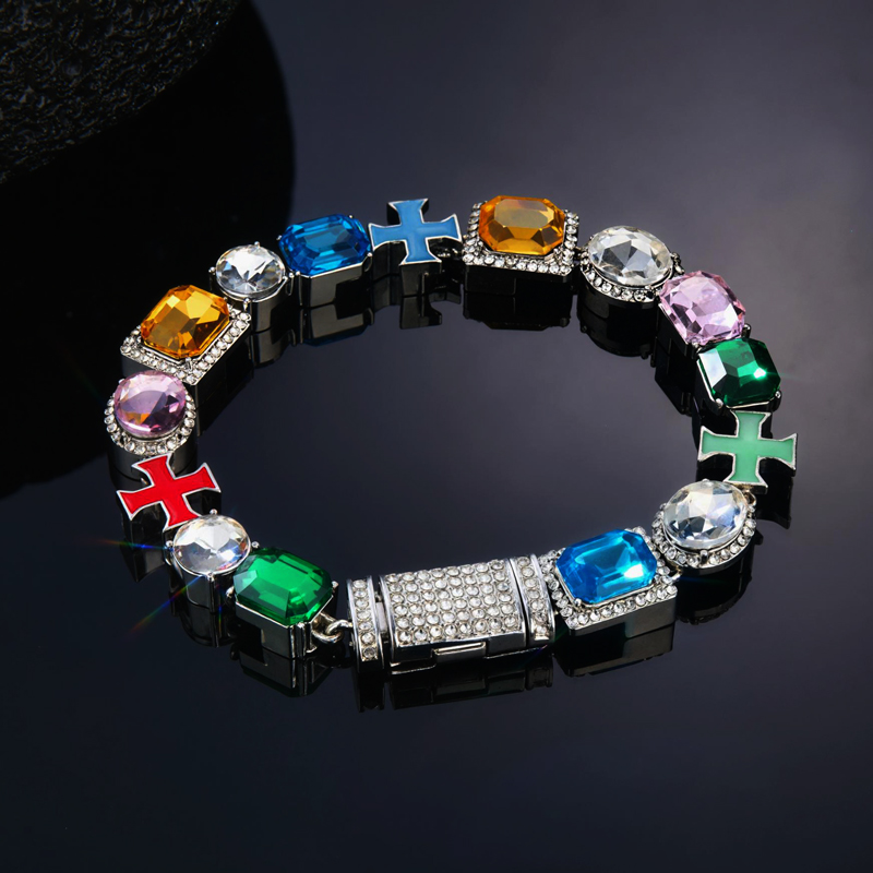 10mm Multicolored Diamonds Enamel Cross Bracelet in White Gold
