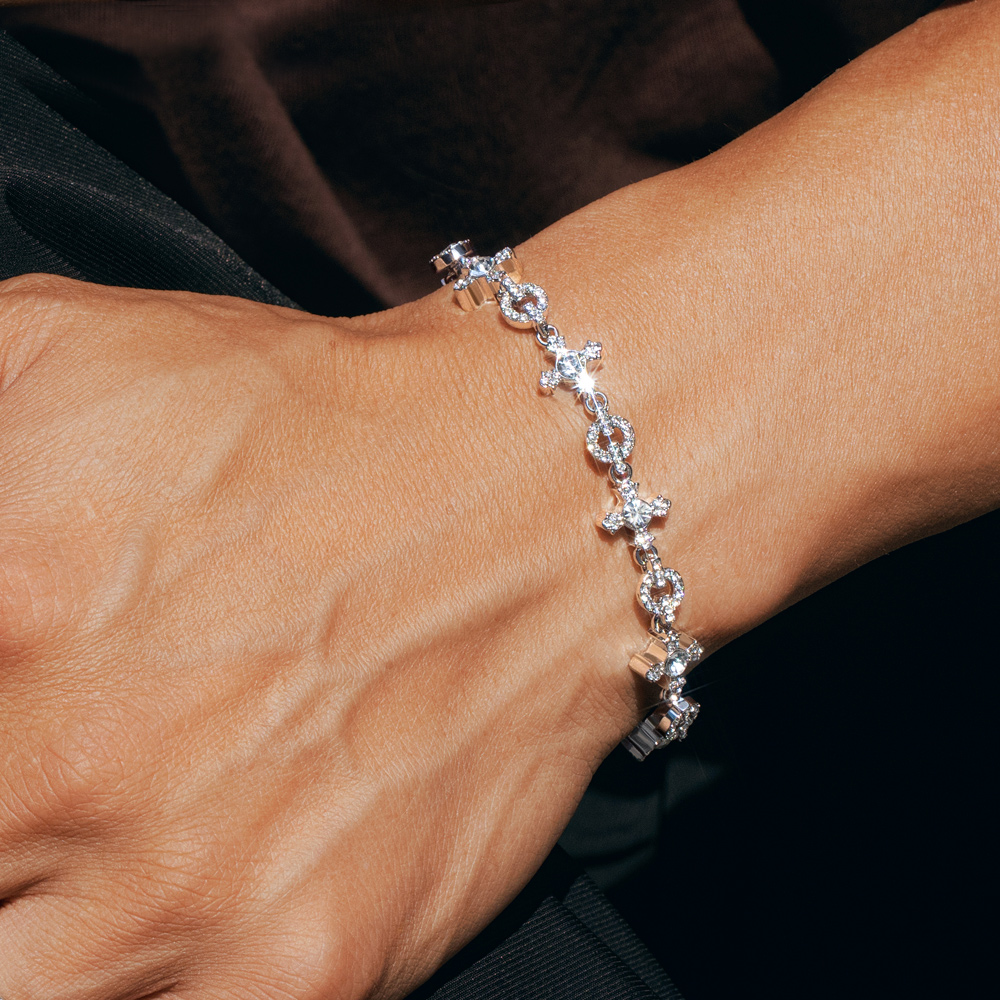 Iced Circle and Cross Bracelet in White Gold