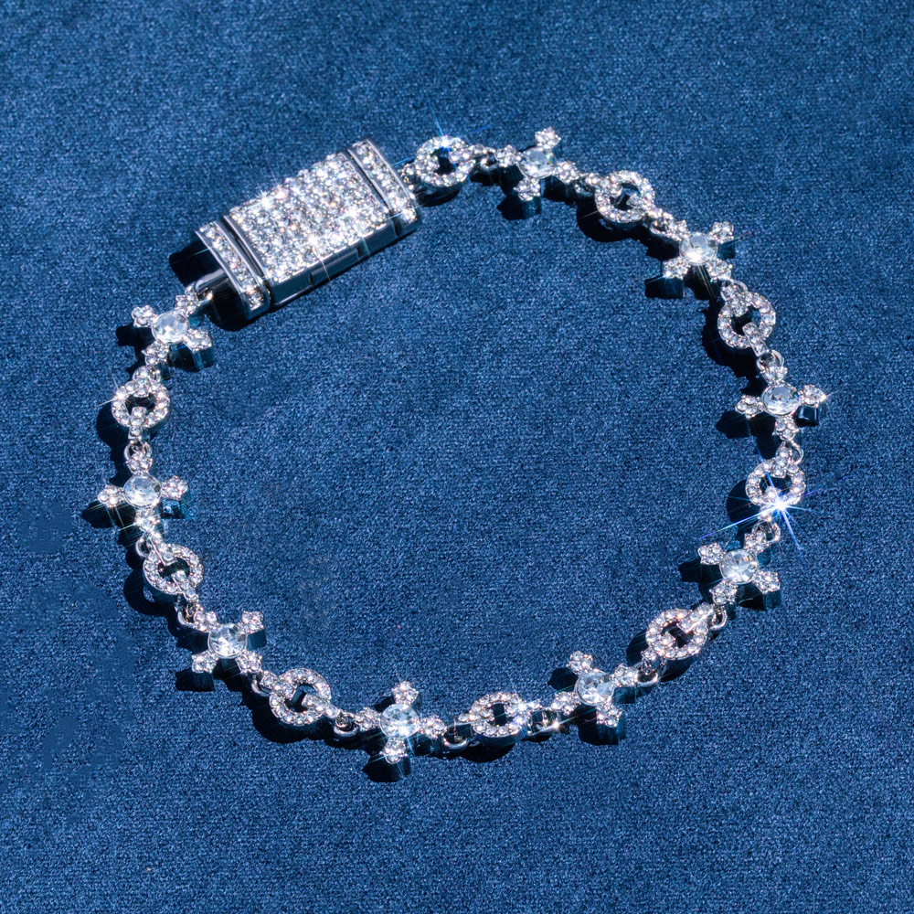 Iced Circle and Cross Bracelet in White Gold