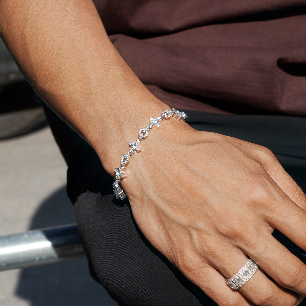 Iced Circle and Cross Bracelet in White Gold