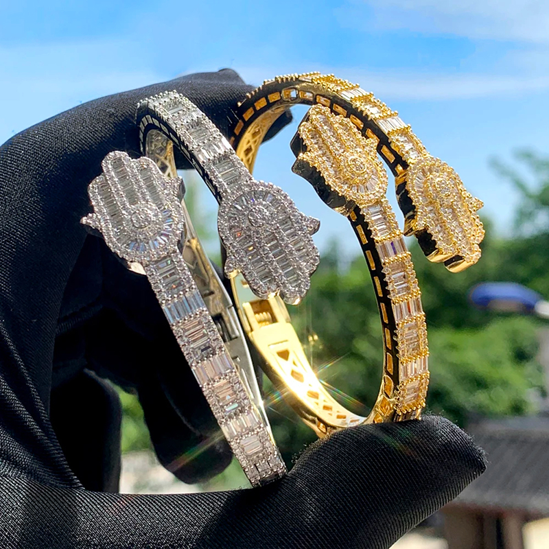 Iced Out Baguette Cut Hamsa Open Bracelet