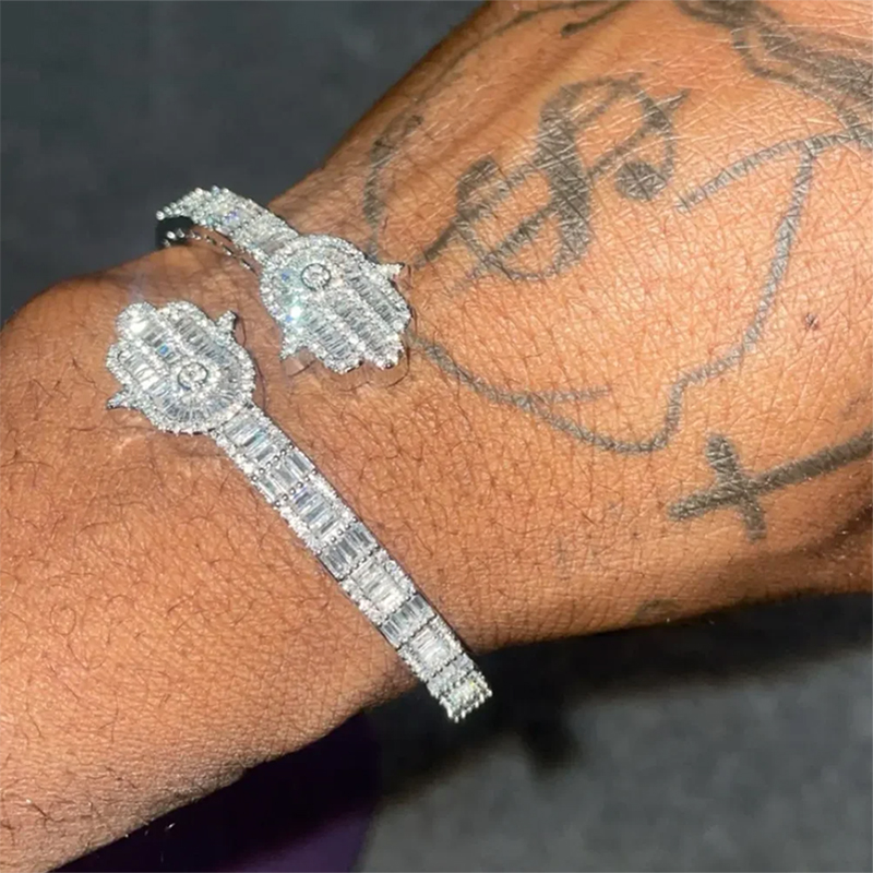 Iced Out Baguette Cut Hamsa Open Bracelet