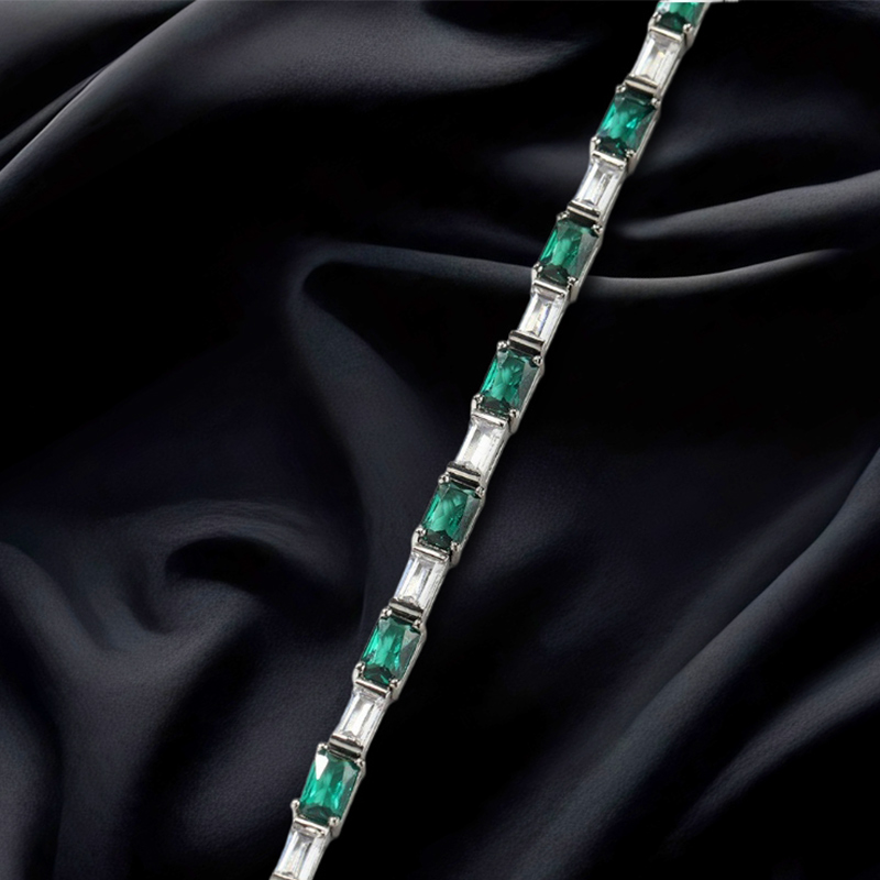 Green & White Baguette Cut Tennis Bracelet