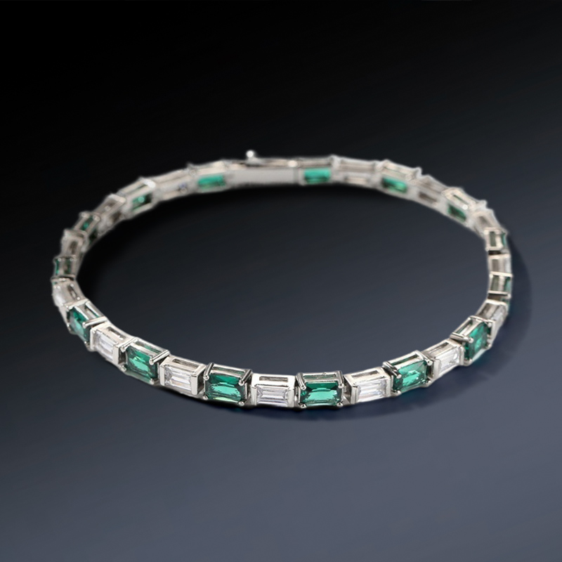 Green & White Baguette Cut Tennis Bracelet