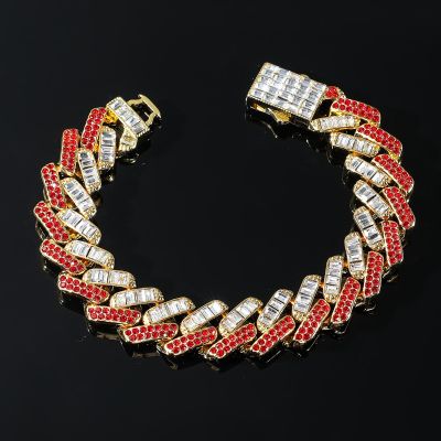 15mm Baguette Cut Red Diamonds Cuban Bracelet