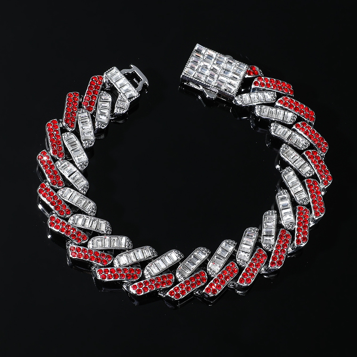 15mm Baguette Cut Red Diamonds Cuban Bracelet