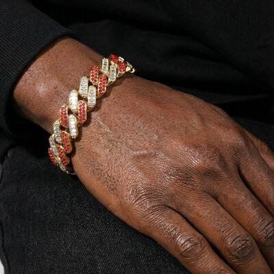 15mm Baguette Cut Red Diamonds Cuban Bracelet