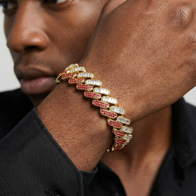 15mm Baguette Cut Red Diamonds Cuban Bracelet