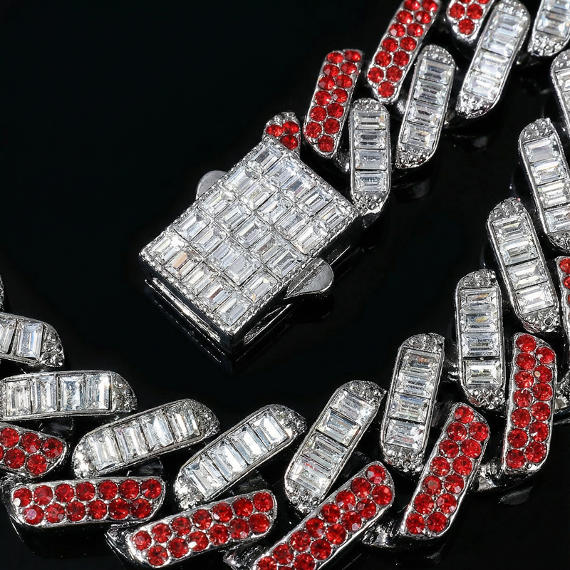 15mm Baguette Cut Red Diamonds Cuban Bracelet