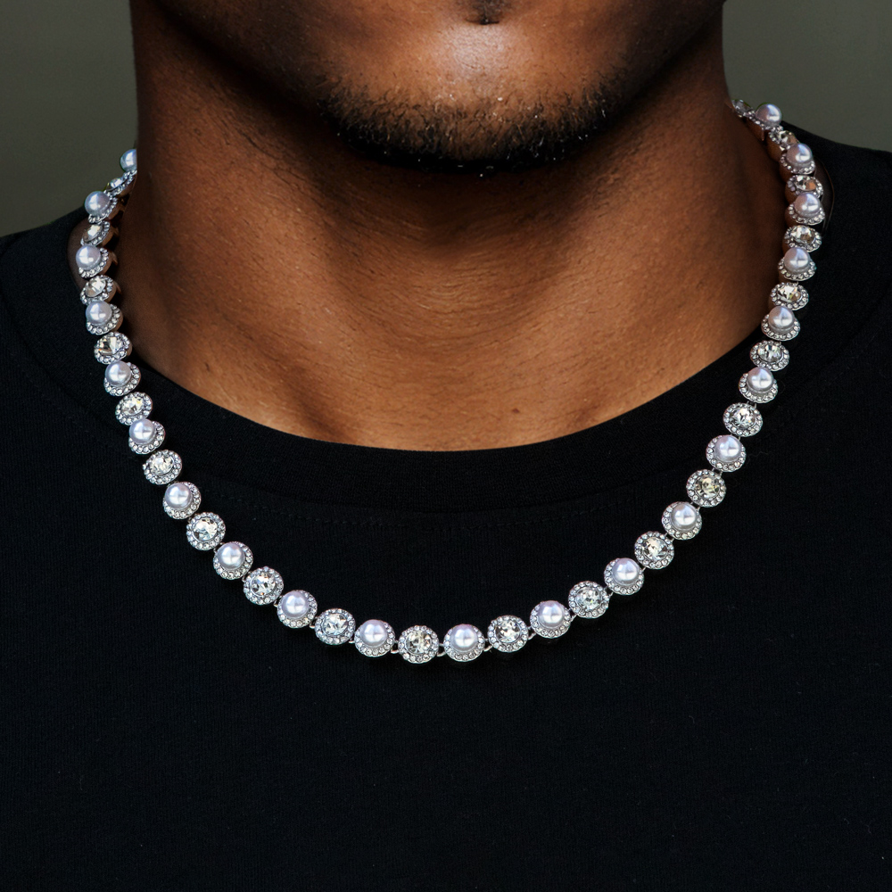 8mm Pearls Tennis Necklace in White Gold