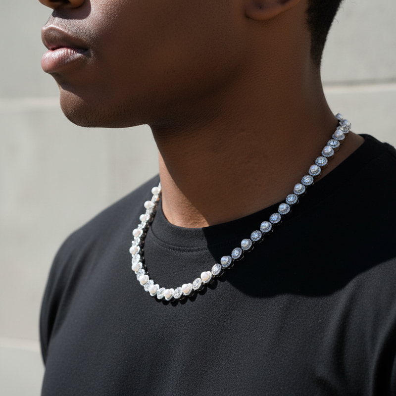8mm Pearls Tennis Necklace in White Gold 8mm Pearls Tennis Necklace in White Gold