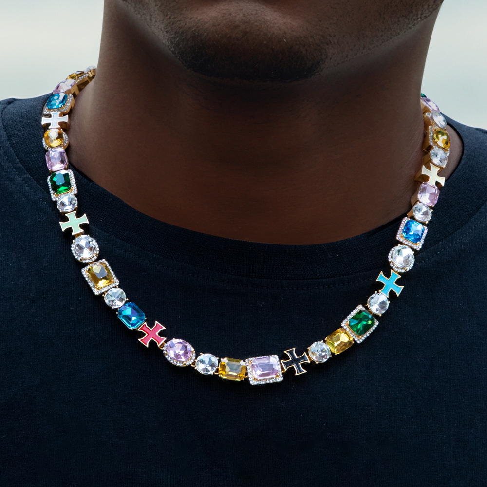 10mm Multicolored Diamonds Enamel Cross Necklace in Gold