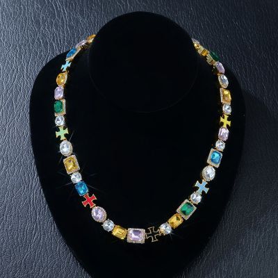 10mm Multicolored Diamonds Enamel Cross Necklace in Gold