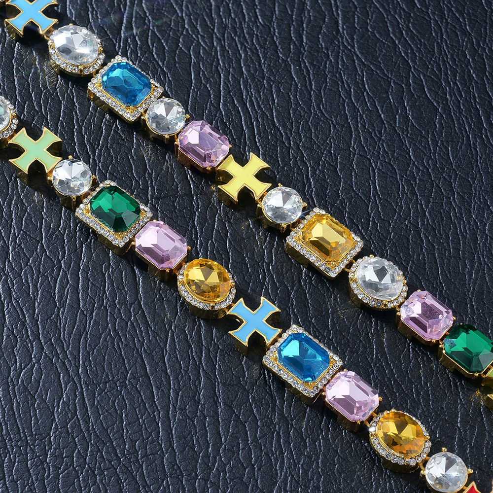 10mm Multicolored Diamonds Enamel Cross Necklace in Gold