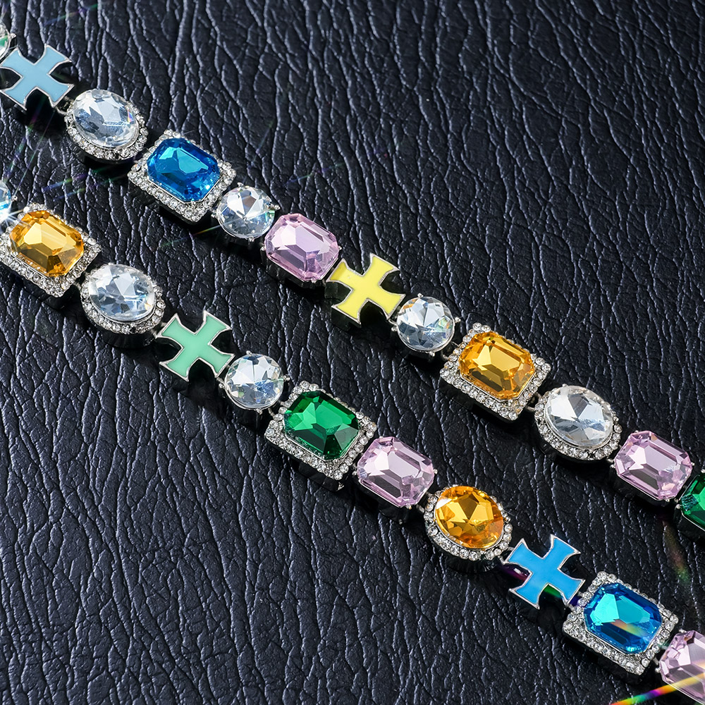 10mm Multicolored Diamonds Enamel Cross Necklace in White Gold