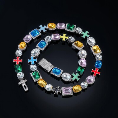 10mm Multicolored Diamonds Enamel Cross Necklace in White Gold