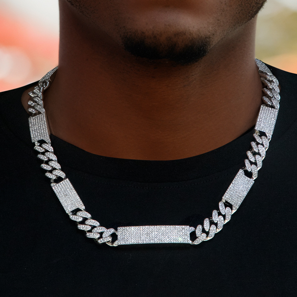 12mm Iced Cuban Chain with Rectangular Link in White Gold