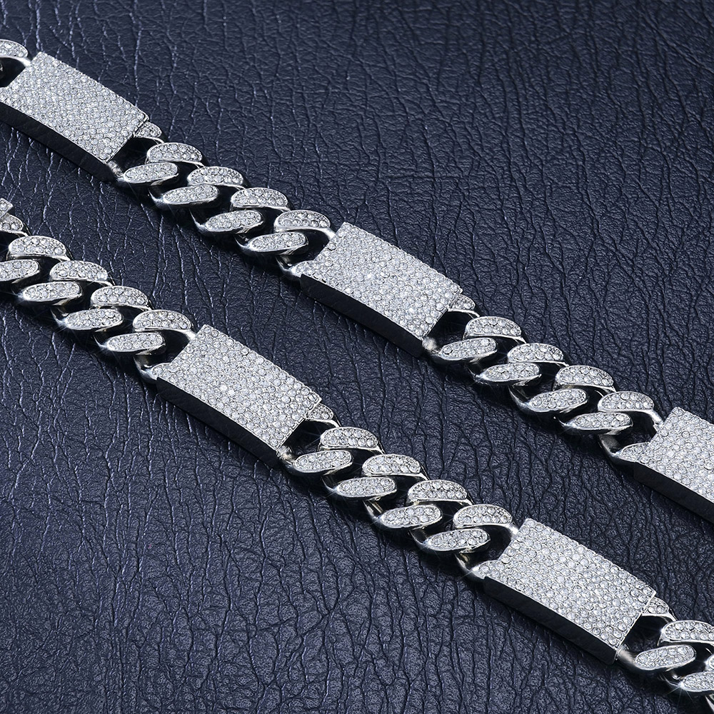 12mm Iced Cuban Chain with Rectangular Link in White Gold