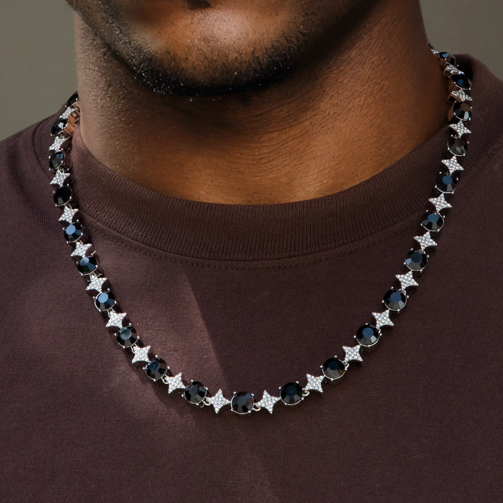 8mm Black Stone Quadrangular Star Necklace in White Gold