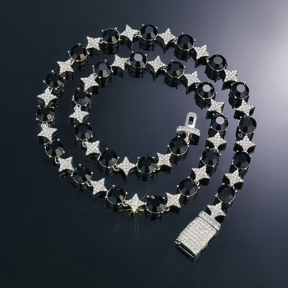 8mm Black Stone Quadrangular Star Necklace in White Gold