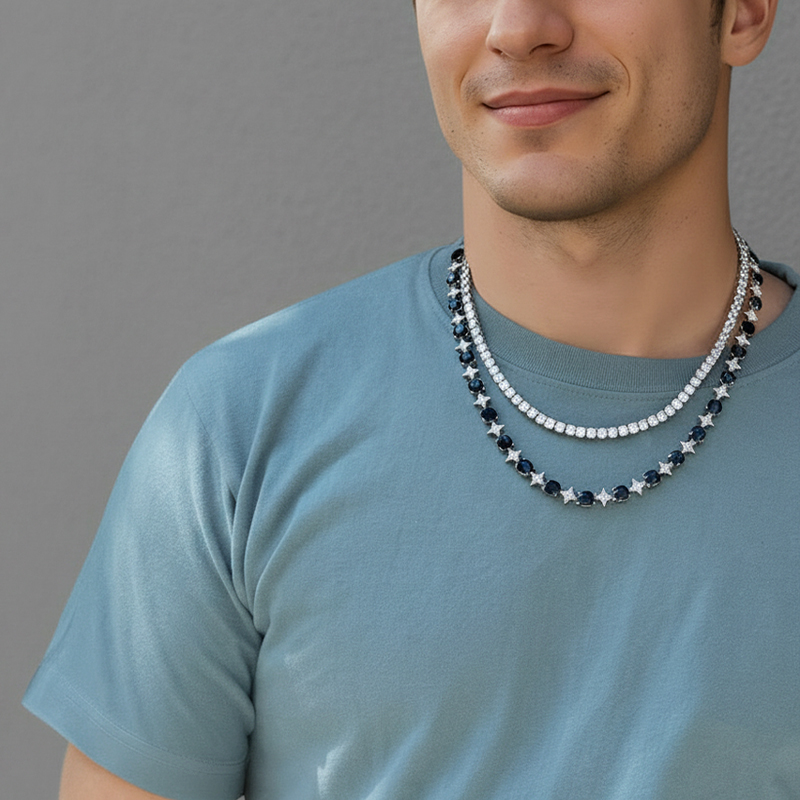 8mm Black Stone Quadrangular Star Necklace in White Gold