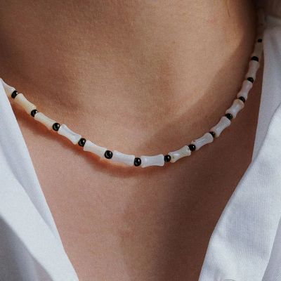 White Shell Bamboo Joint Black Beaded Necklace