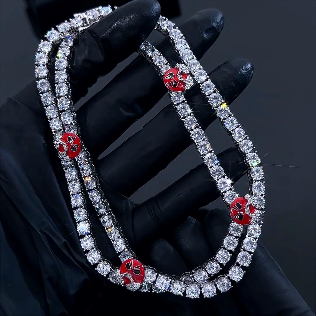 5mm Luminous Red Angry face Tennis Chain in White Gold