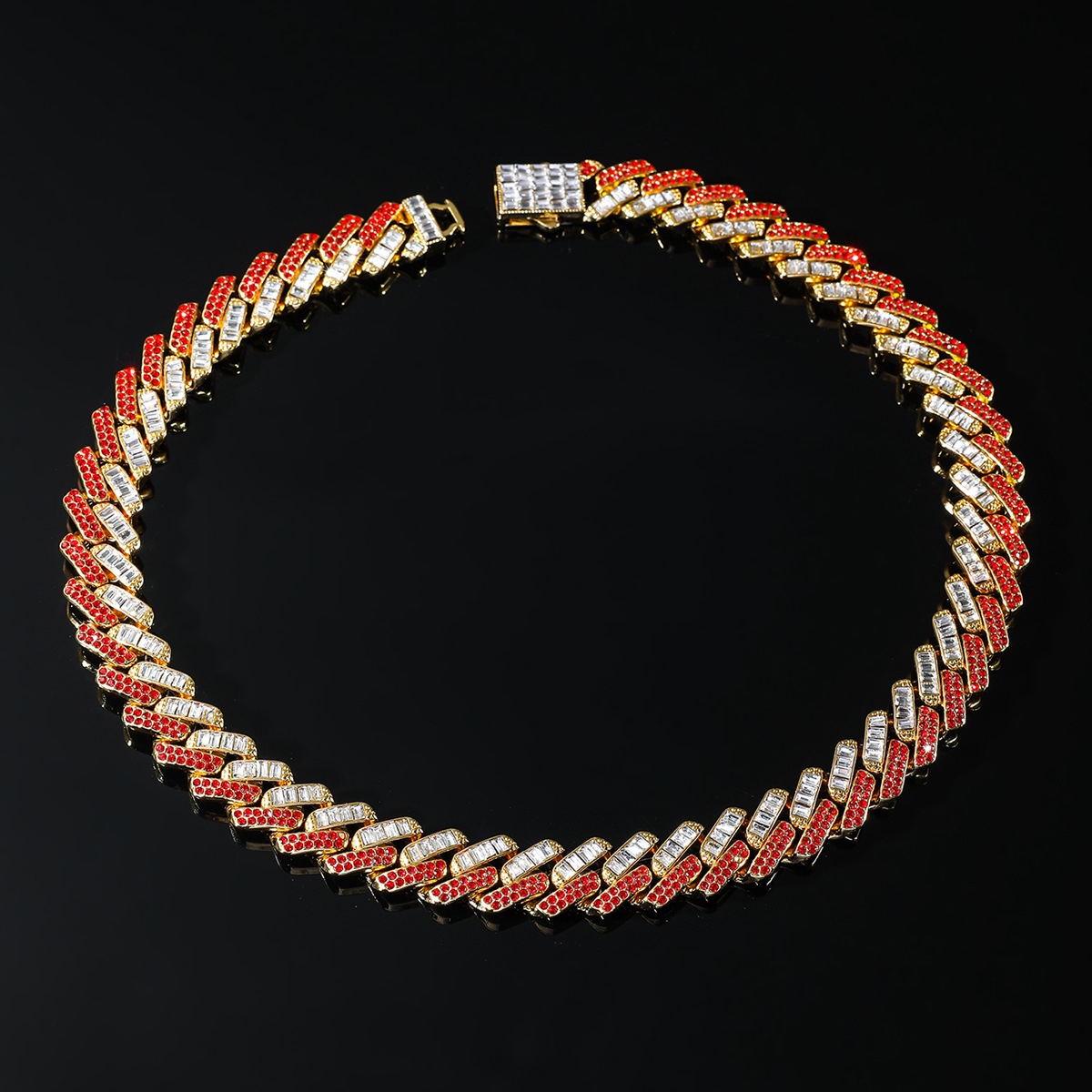 15mm Baguette Cut Red Diamonds Cuban Necklace