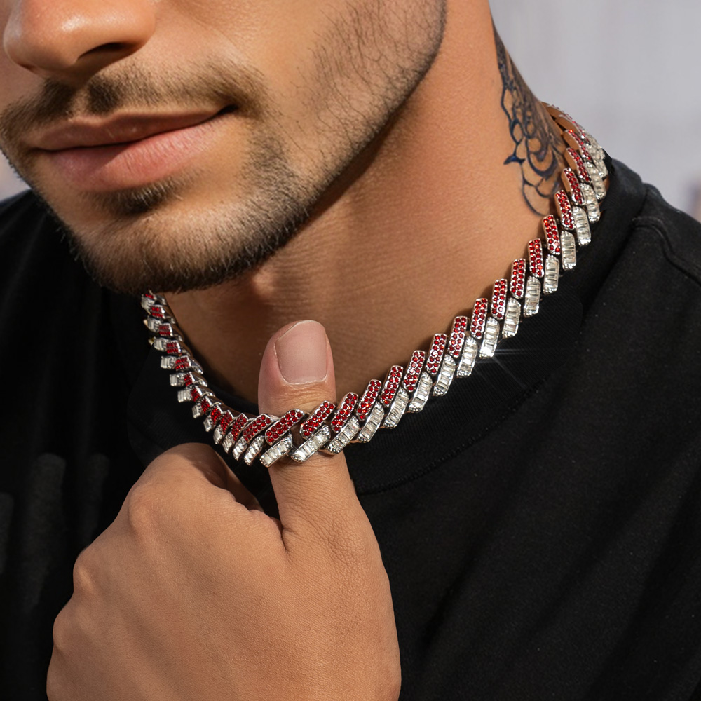 15mm Baguette Cut Red Diamonds Cuban Necklace