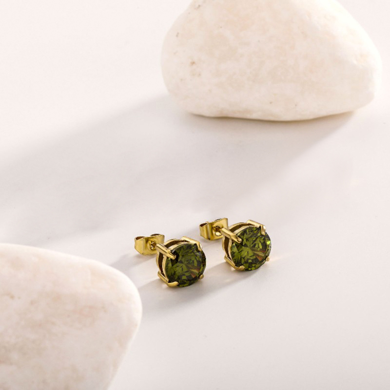 8mm Olive Green Stone Stud Earrings in Gold