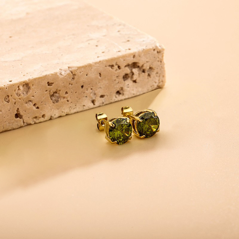 8mm Olive Green Stone Stud Earrings in Gold