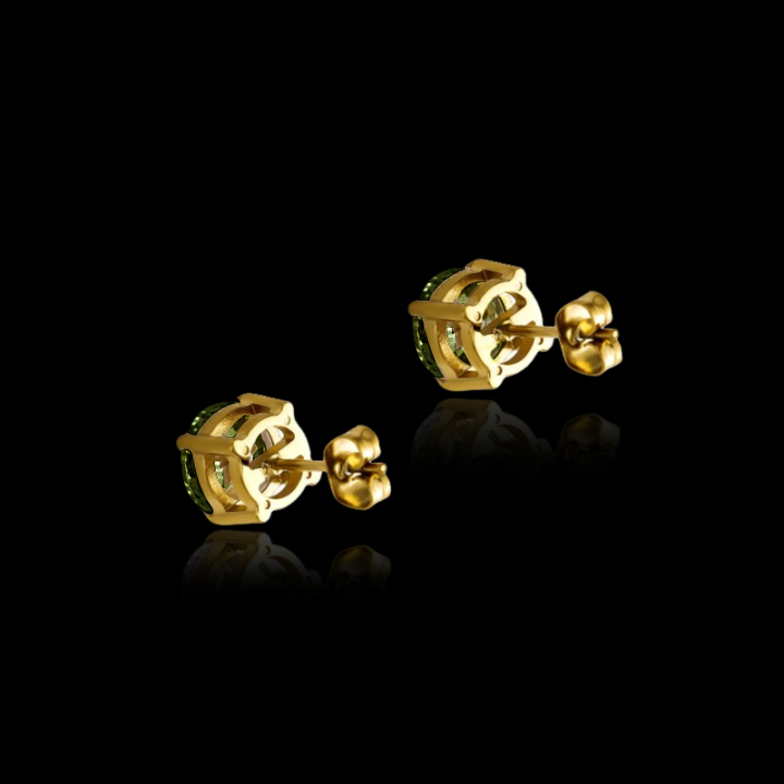 8mm Olive Green Stone Stud Earrings in Gold