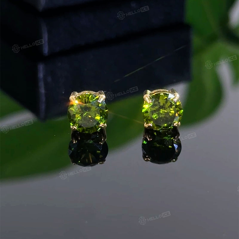 8mm Olive Green Stone Stud Earrings in Gold