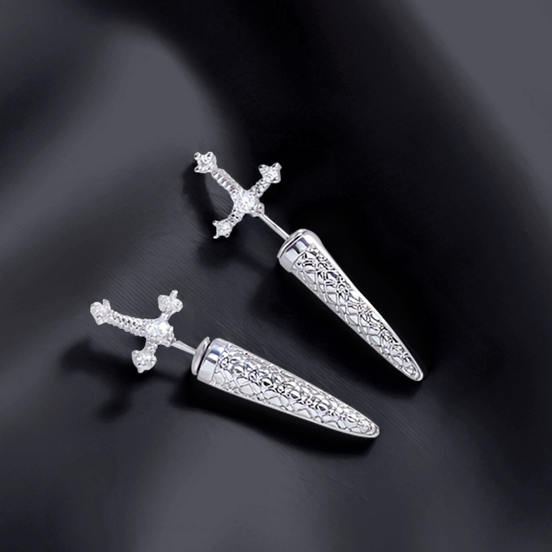 Sword Engraved Grid Pattern Stud Earrings