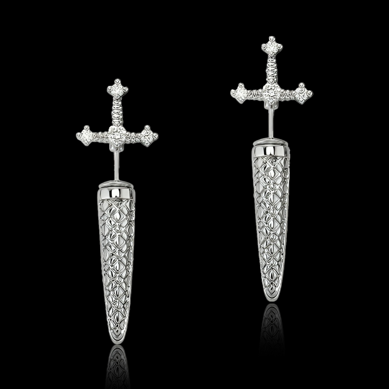 Sword Engraved Grid Pattern Stud Earrings