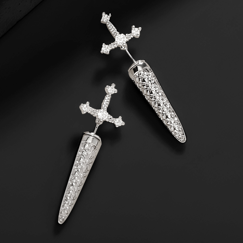 Sword Engraved Grid Pattern Stud Earrings