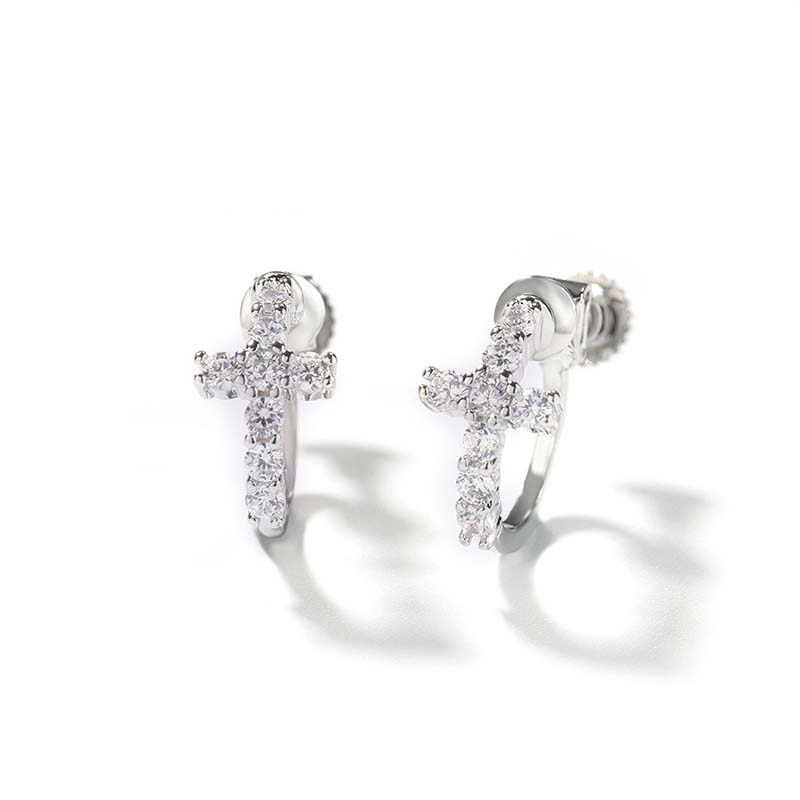 Iced Cross Screw Back Button No-pierced Earrings