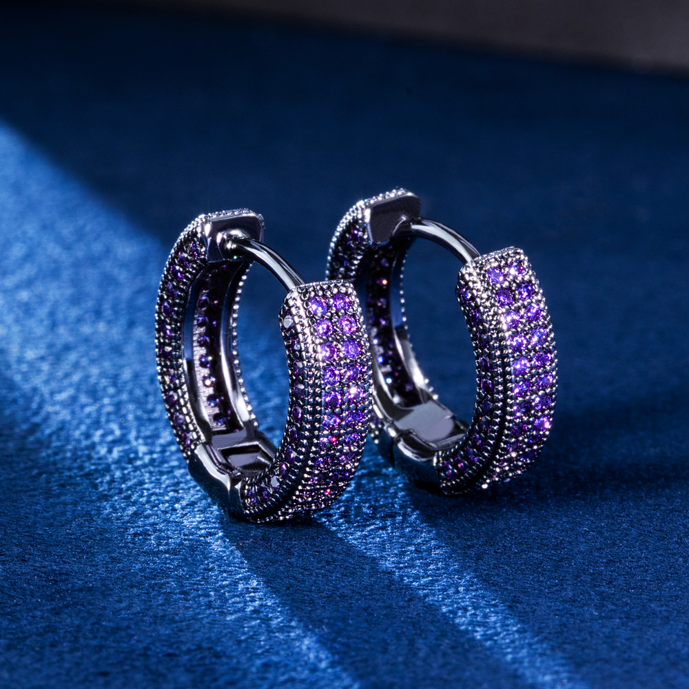 Purple Diamonds Hoop Earrings in Black Gold