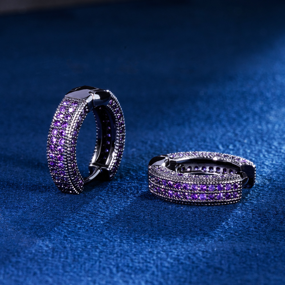 Purple Diamonds Hoop Earrings in Black Gold