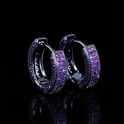 Purple Diamonds Hoop Earrings in Black Gold
