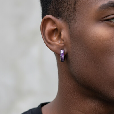 Purple Diamonds Hoop Earrings in Black Gold