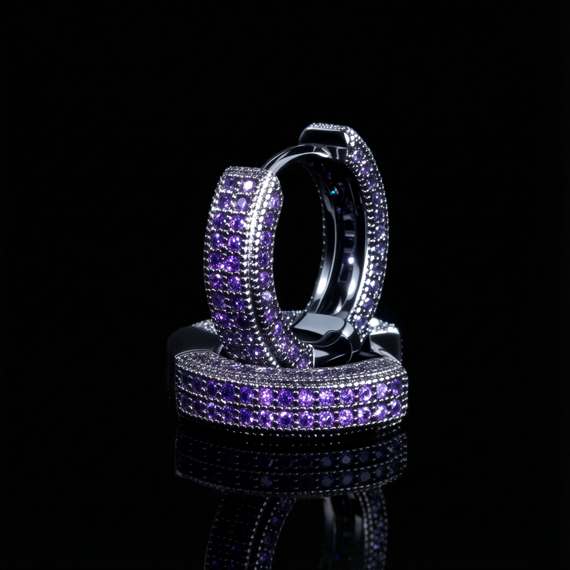Purple Diamonds Hoop Earrings in Black Gold Purple Diamonds Hoop Earrings in Black Gold