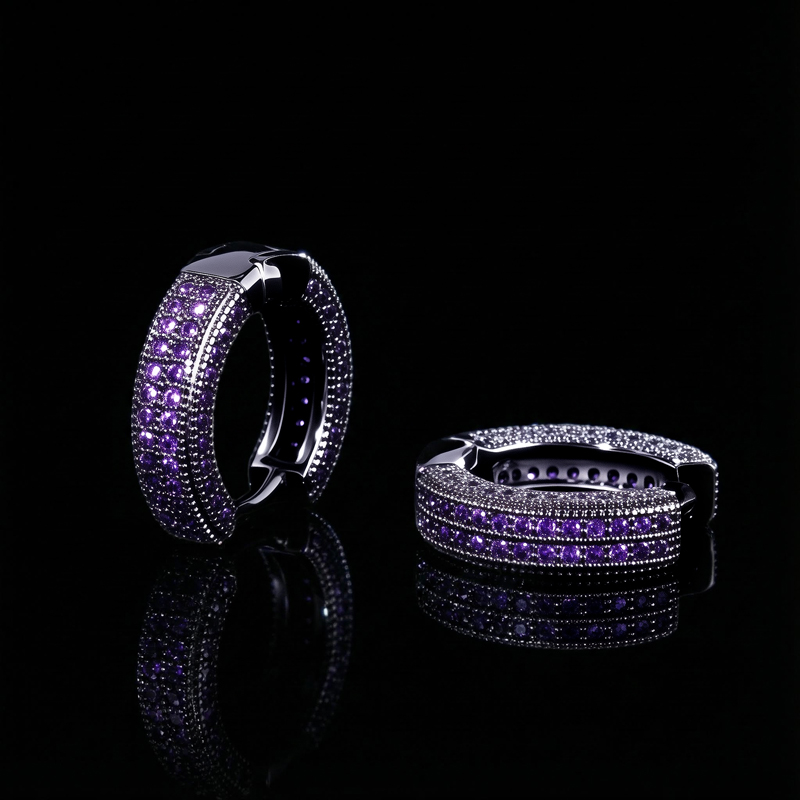 Purple Diamonds Hoop Earrings in Black Gold Purple Diamonds Hoop Earrings in Black Gold