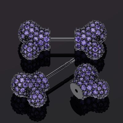 Full Diamond Purple/Black/White Stone Bone Earrings In 18K Black Gold Plated