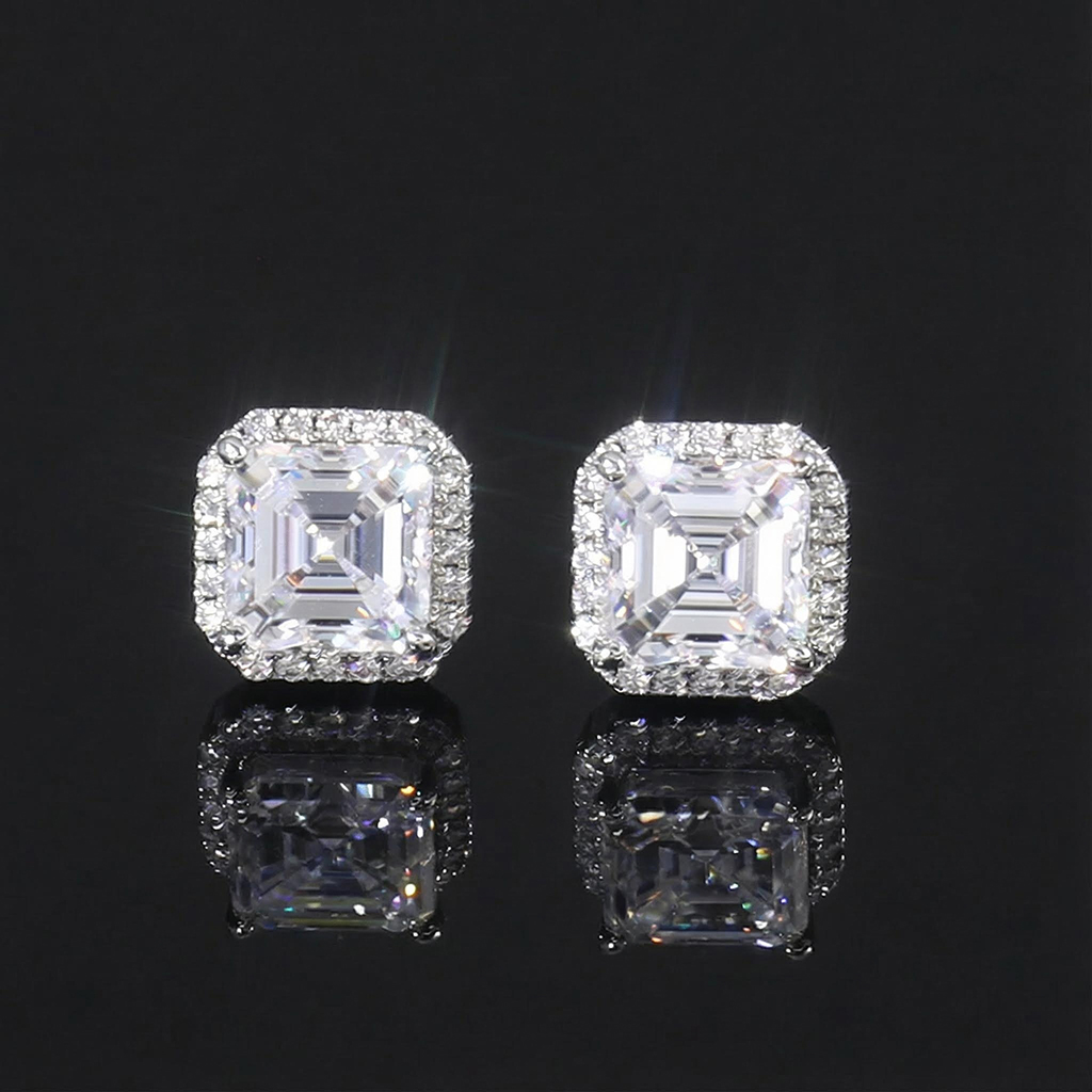 S925 Sterling Silver Moissanite Asscher Cut Halo Claw Earrings S925 Sterling Silver Moissanite Asscher Cut Halo Claw Earrings