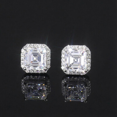 S925 Sterling Silver Moissanite Asscher Cut Halo Claw Earrings S925 Sterling Silver Moissanite Asscher Cut Halo Claw Earrings