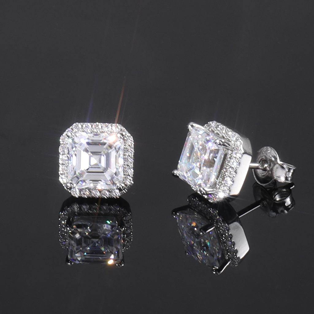S925 Sterling Silver Moissanite Asscher Cut Halo Claw Earrings S925 Sterling Silver Moissanite Asscher Cut Halo Claw Earrings
